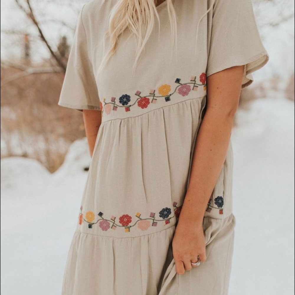 NWOT Pale Olive Tiered Embroidered Dress